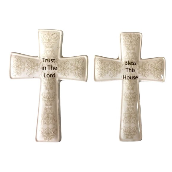 Ceramic Cross Wall Decor Set Of 2 With Blessings & Inspirational Text - Picture 1 of 5